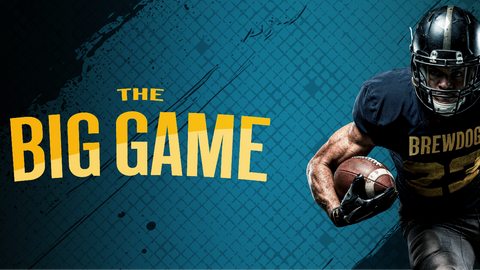 Brewdog football player with ball on blue background, promoting 'The Big Game'.