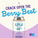 BrewDog non-alcoholic blueberry beer can with promotional text on a white and purple background. Cold Beer Blueberry. 