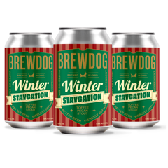 Three cans of BrewDog Winter Staycation beer on a white background